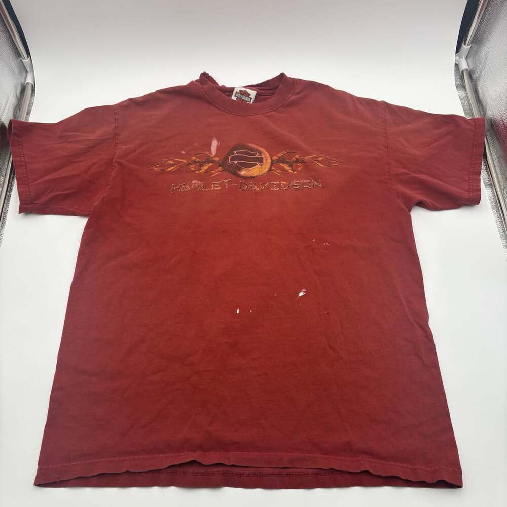 Y2K Harley Davidson Shirt Burnt Orange Short Sleeve Logo Flames Motorcycle USA L